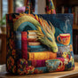 Dragon Reader with Books and Mugs | Handmade Quilted Tote Bag