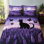 Black Cat in Lavender Field | Handmade Quilted Bedding Set LD38