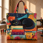 Black Cat with Books and Mugs | Handmade Quilted Tote Bag