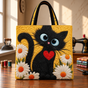 Black Cat with Daisies | Handmade Quilted Tote Bag