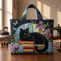Black Cat on Books | Handmade Quilted Tote Bag