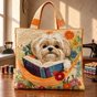 Shih Tzu with Books and Flowers | Handmade Quilted Tote Bag